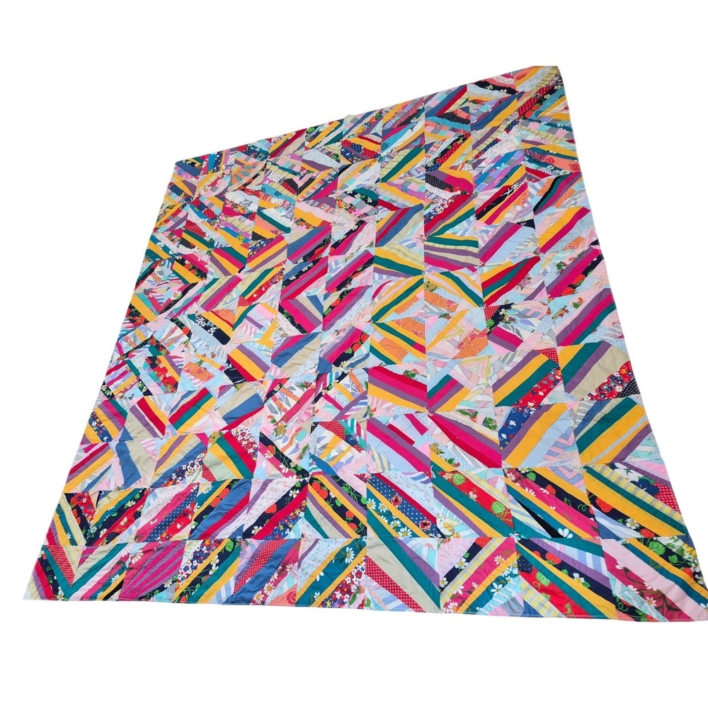 Vintage Scrap String Quilt Top Colorful Patchwork Handmade Folk Art Quilt